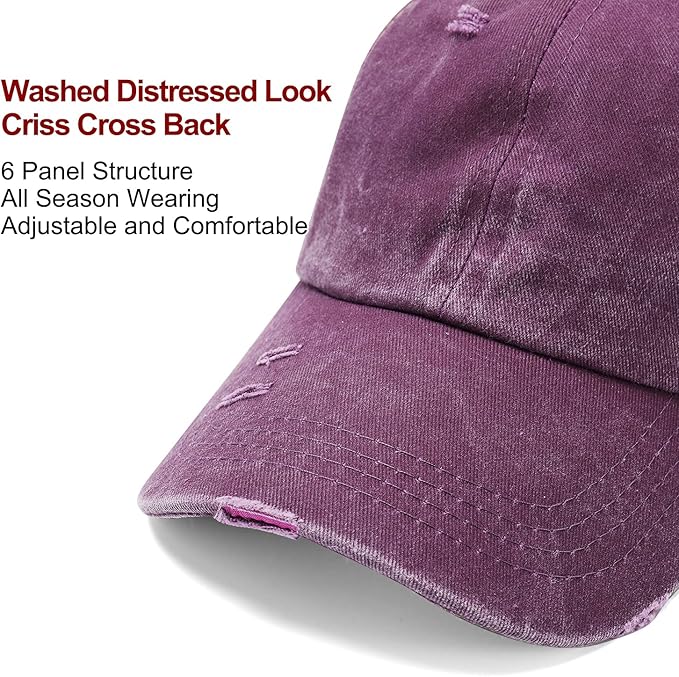 Criss Cross Hat Washed Distressed Baseball Cap Ponytail Hat High Messy Bun Ponycap for Women