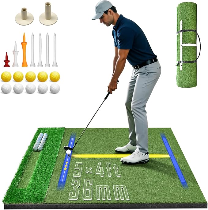 (Enlarged×Thickened) Golf Mat 1.22in/1.42in, 5x4ft/5x5ft Dual-Turf Golf Hitting Mat with Ball Tray for Indoor Outdoor, Heavy Duty Commercial Golf Mat, High-Elasticity Golf Practice Mat for Simulator