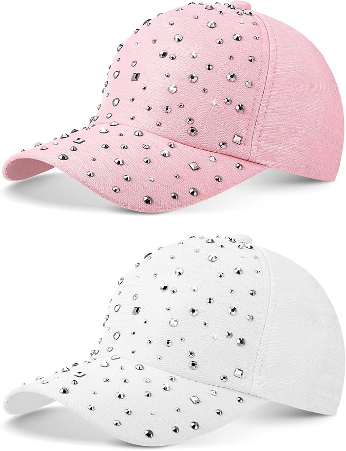 Loopeer 2 Pcs Adjustable Breathable Rhinestone Baseball Cap for Women Men Sequins Casual Sports Cap Rhinestone Hat
