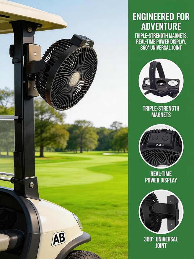 8-inch Magnetic Golf Cart Fan with Heavy-Duty Strap, 12000mAH Battery Operated Fan with Dual-Magnet, Bright Lighting, Compatible with EZGO Club Car Yamaha, Golf Cart Accessories, Golf Gift 2026