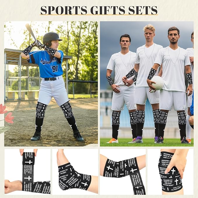 TrelaCo 4 Pack Christian Sports Gift Set with Athletic Tape Sport Socks Cross Necklace Gift Boxes Religious Soccer Socks