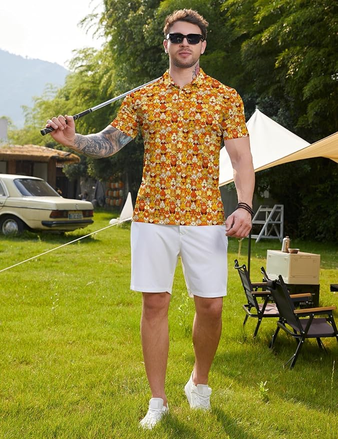 HUURAY Funny Golf Polos for Men Funny Print Short Sleeve Shirts Quick Dry Polo Shirts Hawaiian Shirt Performance Golf Outfits
