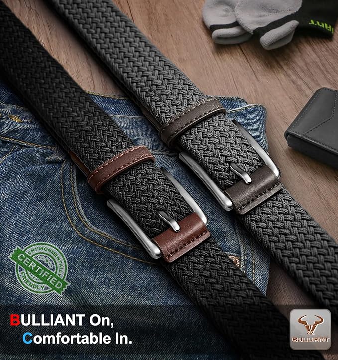 BULLIANT Belt for Men 2Pack,Mens Gift Stretch Braided Web Belt Elastic for Casual Golf Jeans,1 3/8"