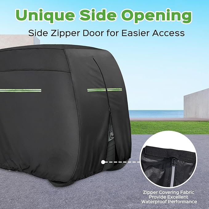 Golf Cart Cover 2/4/4+2 Passenger Heavy Duty Universal Fit for Yamaha EZGO Club Car, 600D Waterproof Windproof Sunproof Golf Cart Seat Covers with Reflective Strips, Zippered Pockets, Zipper Doors
