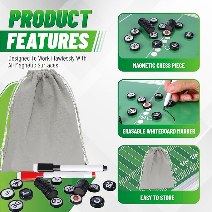ZPU 24 Picese Football Magnets Set with 2 Dry Erase Black Marker Pens, 2 Red Marker Pens, 1 Storage Bag, Tactics Strategy Board Coaches Clipboard Accessories (Board NOT Included)