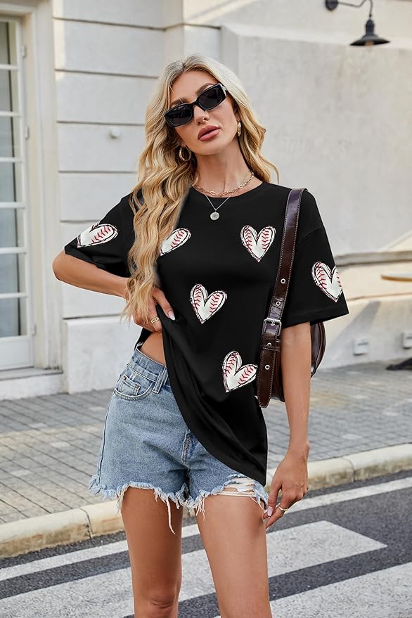 MOUSYA Baseball Shirts Women Oversized Baseball Mom Tshirt Baseball Heart Graphic Tee