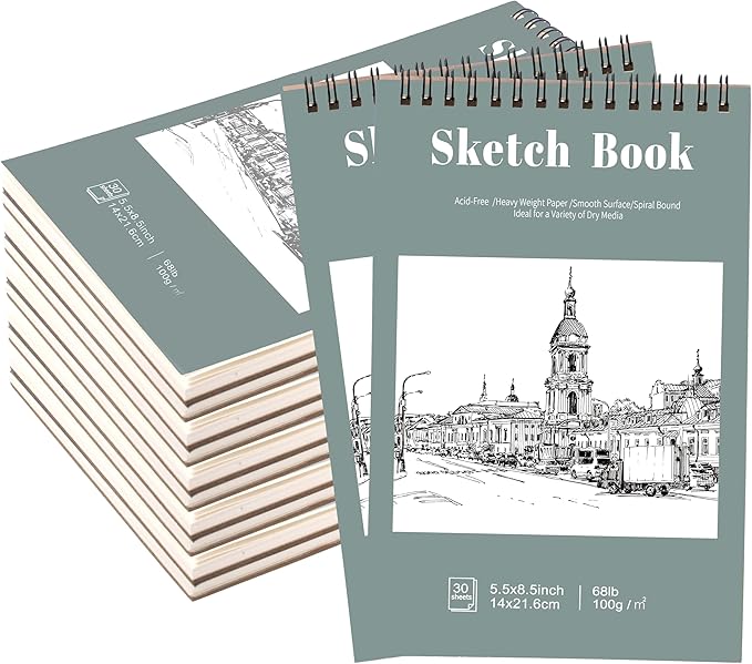 12 Pack Sketch Book, 5.5 x 8.5 Inch Sketchbook, 68lb/100gsm Top Spiral Bound by Prudiut