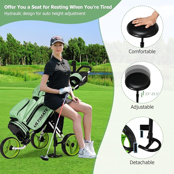 Tangkula Golf Push Pull Cart with Seat, Lightweight Folding 3 Wheels Trolley W/Storage Bag, Foot Brake, Adjustable Umbrella Holder & Seat, 4 Height Position Handle (Green)