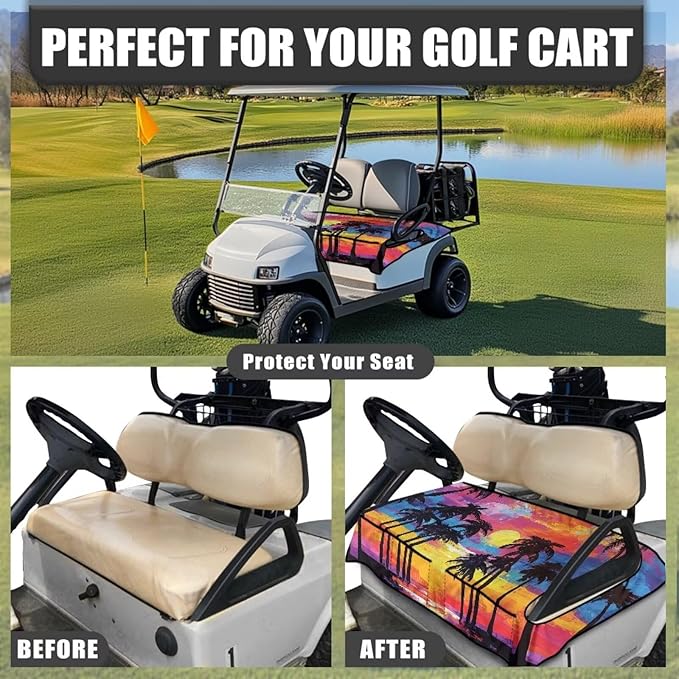 Golf Cart Seat Covers, Universal Golf Cart Seat Towel Blanket with 4 Front Pockets & Nonskid Bottom Fits for Club Car 2 Person Seats Golf Carts