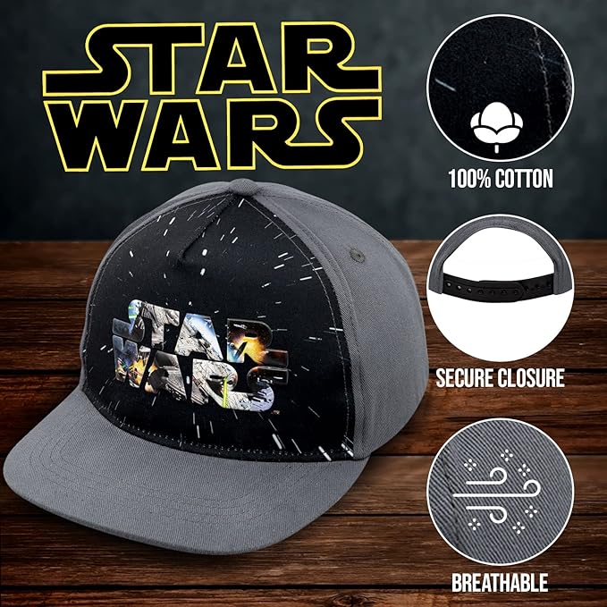 Star Wars Classic Embroidered Logo Flatbrim Baseball Cap Hat, Boys Youth