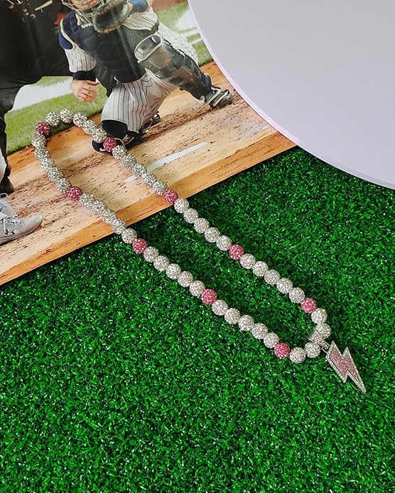 Baseball Necklace for Men 16/18/20 Inch Bling Ice Collection Lightning Bolt Pendant Necklace for Women Rhinestone Clay Beaded Discoball Accessories Gifts for Baseball Team Players Lovers