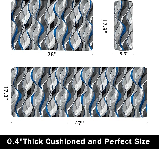 Kitchen Mats for Floor Modern Abstract kitchen rugs Grey and Blue Stripe Anti - Image 2