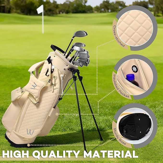 Luxury Womens Golf Bag, PU Leather Golf Stand Bag for Women/Ladies, 14-Way Full-Length Top Dividers, Ultra Lightweight, Large Pockets for Accessories