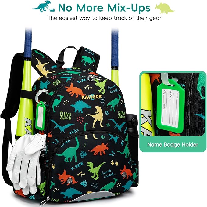 KAVIGOR Youth Tball Baseball Backpack, Lightweight Softball Bag with Shoes Compartment & Name Tag, Reinforced Zippers & Seams