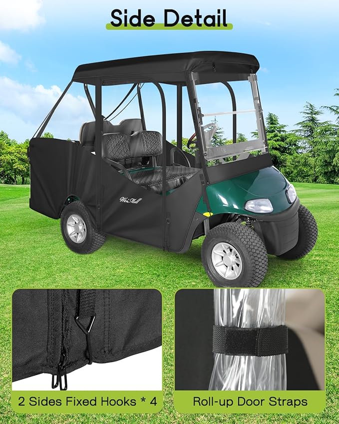 4 Passenger Golf Cart Enclosure for EZGO RXV Short Roof 2+2 4-Seater Waterproof Windproof Driving Rain Cover 4-Sided Clear Windows Roll-up Door Black