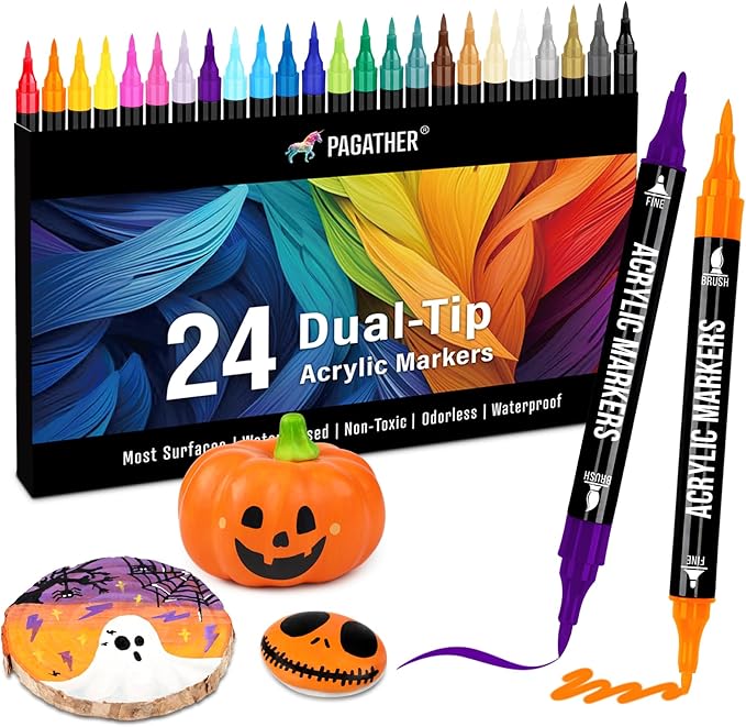 24 Colors Acrylic Paint Markers, Dual Tip by Pagather