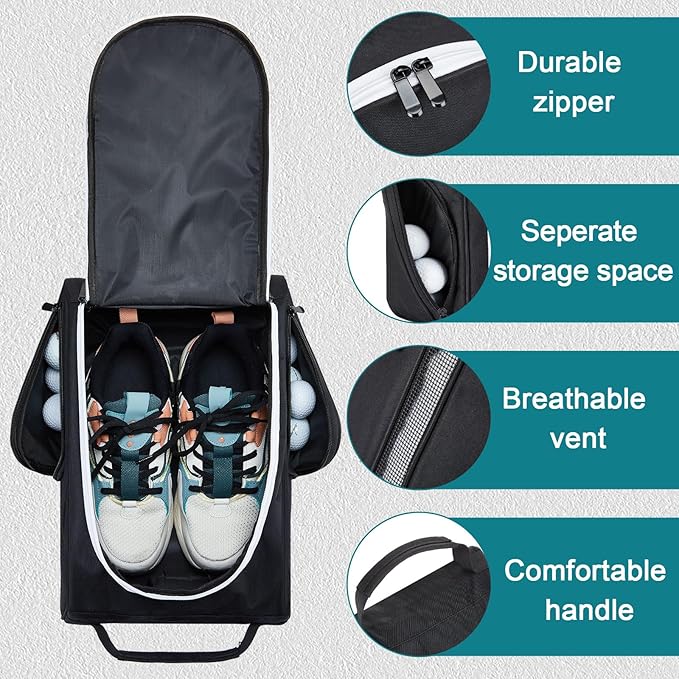 Funtery 2 Pcs Golf Shoe Bag for Travel Zippered Sports Shoe Carrier Tote Bags Golf Accessories with Ventilation Outside Pocket for Balls Tees Socks Accessories Men Women