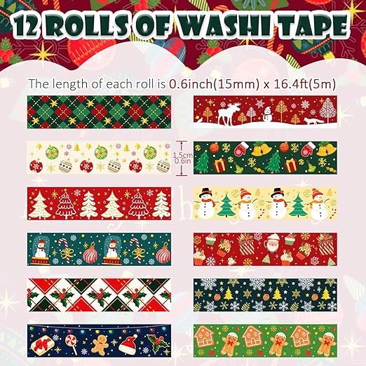 12 Rolls Christmas Washi Tapes Christmas Tree Snowman Snowflakes Gingerbread - Image 2