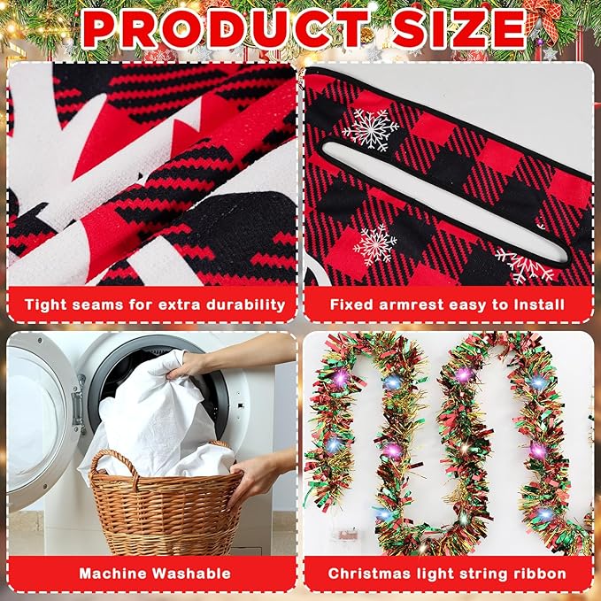 gisgfim Christmas Golf Cart Seat Covers 1 Pcs for 1 Person Seats 33ft Christmas Garland with LED Lights Red and Black Checkered Xmas Decorations Golf Cart Decorations Accessories, 51L x 31W Inches