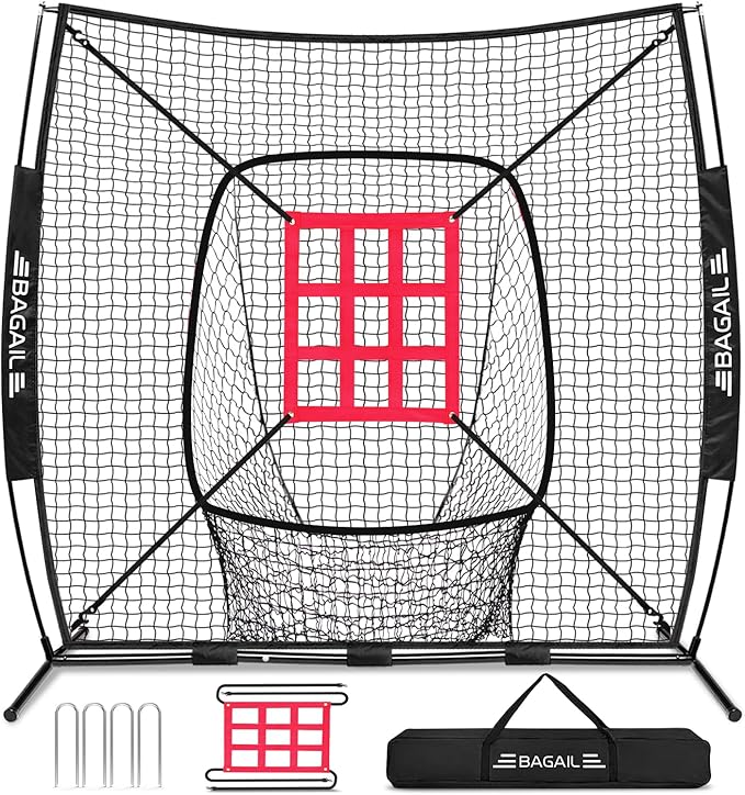 BAGAIL 7x7 ft Baseball & Softball Practice Net with Bow Frame for Batting, Hitting, Pitching, Portable Baseball Throwing Net with Strike Zone, Carry Bag, Baseball Training Aid for All Levels