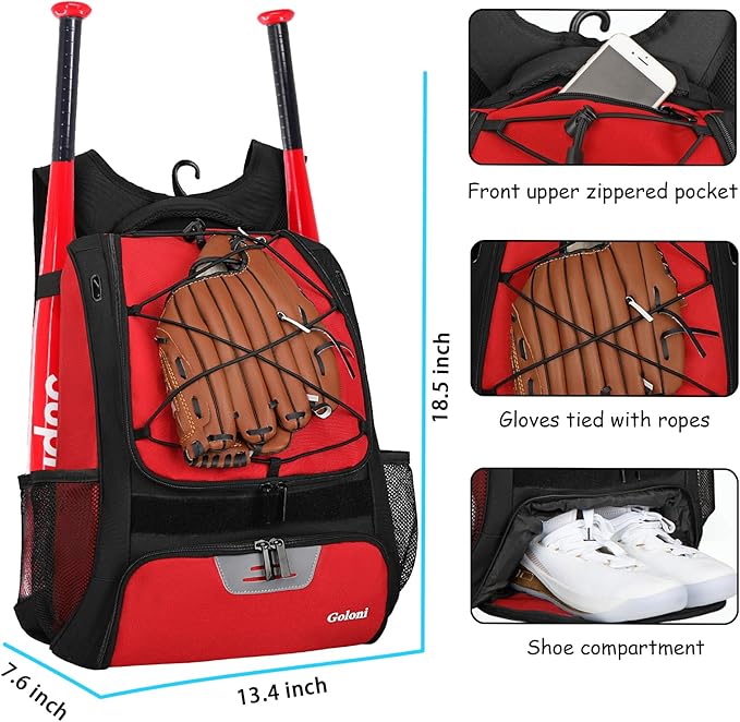 Goloni | Baseball Backpack,Baseball Bag for Adult,Softball Bat Bag with Shoes Compartment,Large Main Compartment for Helmet & accessories, Fence Hook