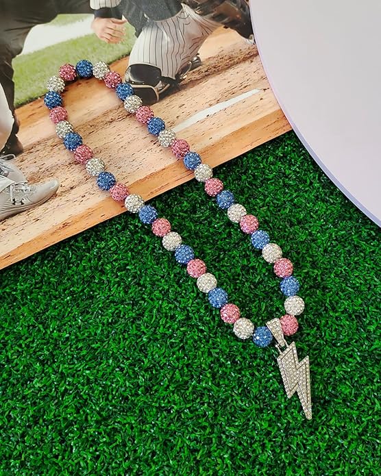 Baseball Necklace for Men 16/18/20 Inch Bling Ice Collection Lightning Bolt Pendant Necklace for Women Rhinestone Clay Beaded Discoball Accessories Gifts for Baseball Team Players Lovers
