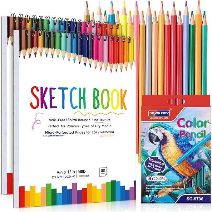 2 Pack Sketch Book with 36 Color Pencil Set, Spiral Kids Sketchbook by Prudiut