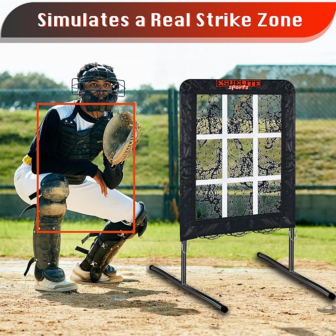 9 Hole Pitching Net with Strike Zone, Baseball Softball Pitching Target – Adjustable Height Portable Indoor Outdoor Training Equipment for Pitchers of All Levels, Coaches, and Players