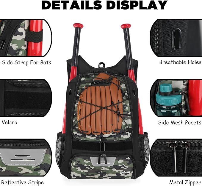 Goloni | Baseball Backpack,Baseball Bag for Adult,Softball Bat Bag with Shoes Compartment,Large Main Compartment for Helmet & accessories, Fence Hook