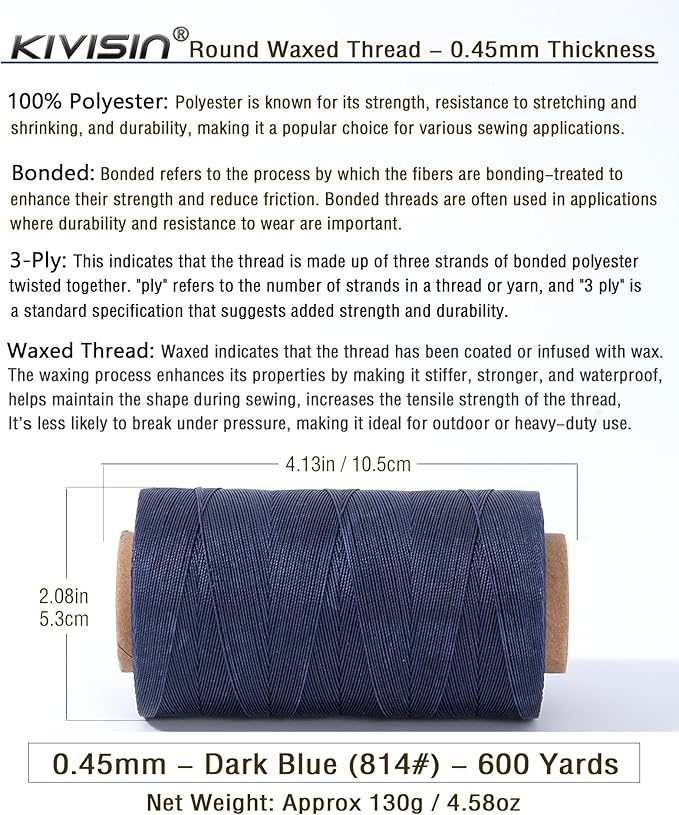 Thin Round Waxed Thread 0.45mm, 600 Yards, Dark Blue, Light Duty Polyester Wax - Image 2