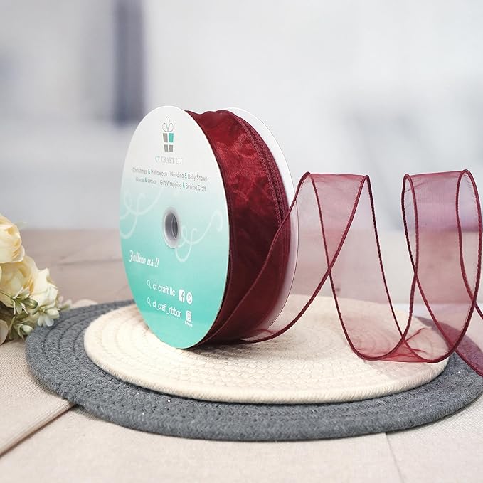 CT CRAFT LLC Sheer Organza Wired Ribbon 1.5" x 50Yards Burgundy - Image 4