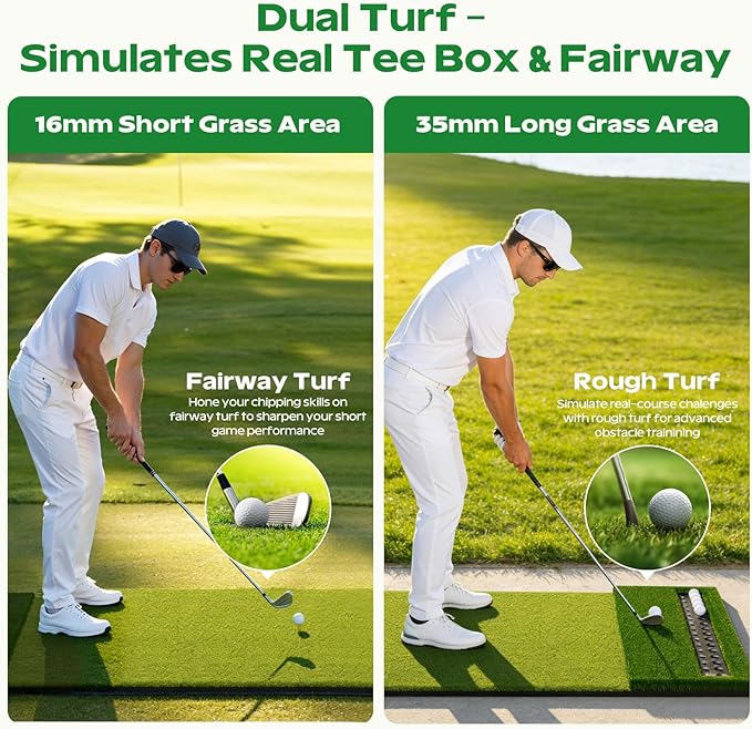 RIKADE Golf Mat - 5x4ft & 6x4ft 26mm-31mm Golf Hitting Mat for Simulators, Backyard, Garage, Indoor & Outdoor Use, Features Dual-Turf Mats with Ball Tray for Chipping and Swing Training