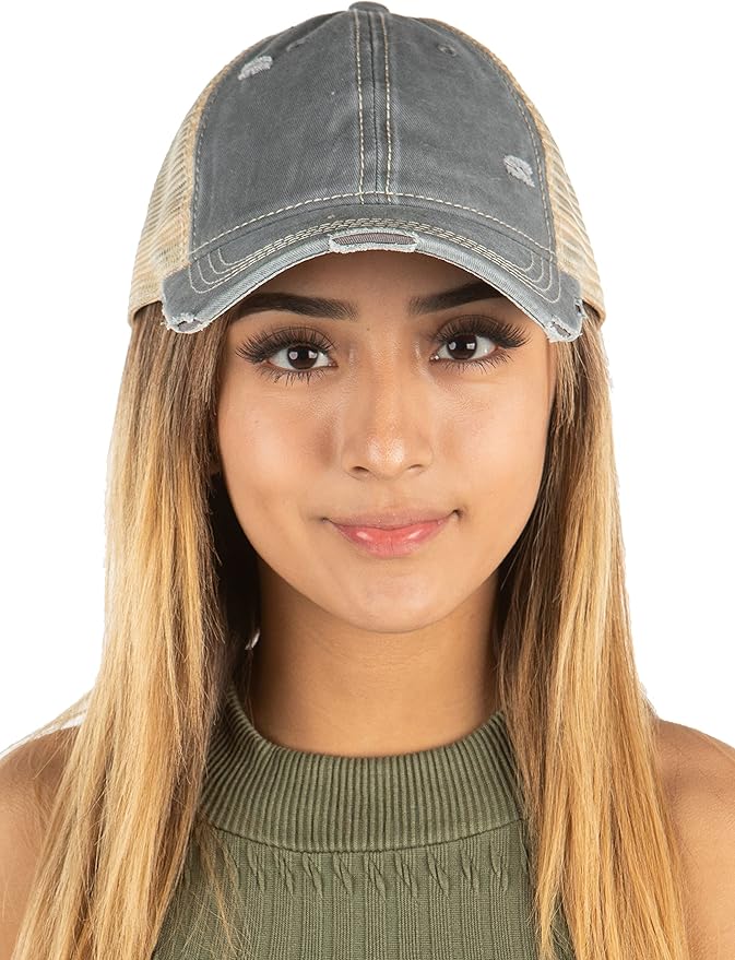 Funky Junque Trucker Hat for Women – Distressed Low Profile Western Camo Baseball Cap with Mesh, Trendy and Adjustable Fit