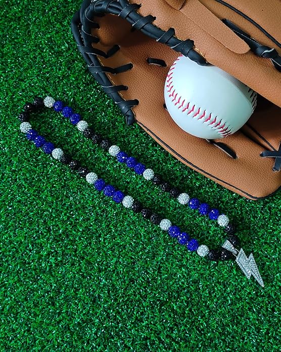 Baseball Necklace for Men 16/18/20 Inch Bling Ice Collection Lightning Bolt Pendant Necklace for Women Rhinestone Clay Beaded Discoball Accessories Gifts for Baseball Team Players Lovers
