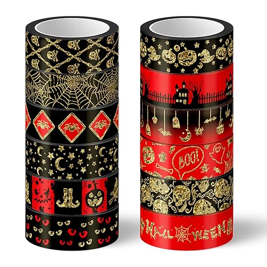 Whaline 12 Rolls Halloween Washi Tapes Red Black Foil Gold Decorative Tapes by Whaline