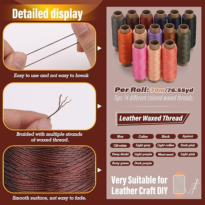 0.55 mm Round Waxed Thread, 14 Colors 76 Yards Spool Wax Coated String - Image 2