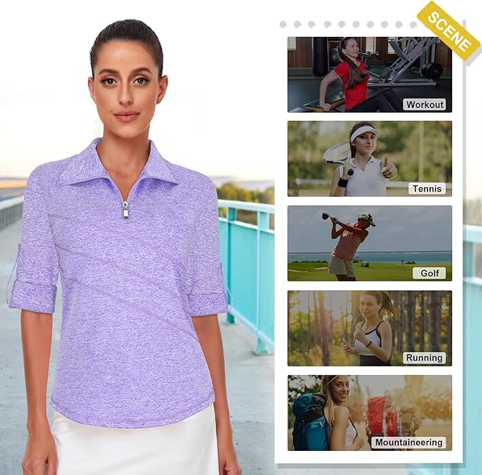 Koscacy Women's 3/4 Roll Sleeve Golf Tennis Polo Shirts UPF50+ Half Zip Dry Fit Workout Tops Athletic Shirt