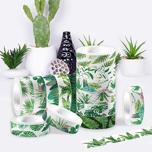 Greenery Washi Tape Set 12 Rolls, Tropical Leaves Masking Tape Hawaii Green - Image 3