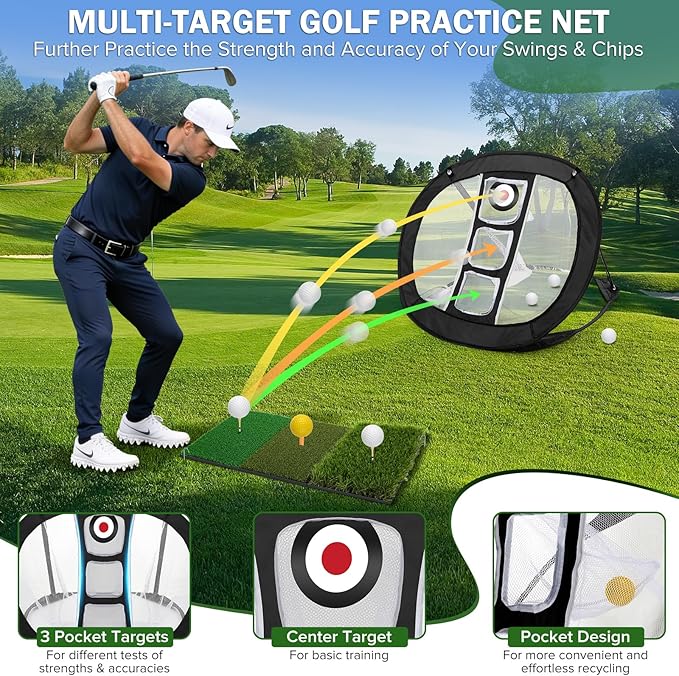 Golf Chipping Net with Tri-Turf Hitting Mat Set - Foldable Practice Target, 12 Foam Balls & 6 Tees in Carry Bag - Indoor Outdoor Backyard Golf Precision Training Gift & Aid for Beginners