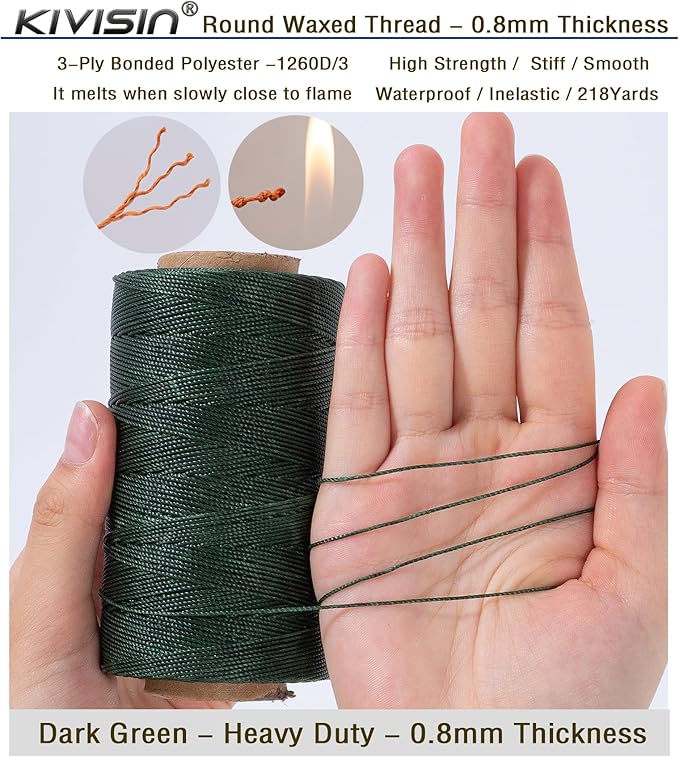Heavy Duty Round Waxed Thread 0.8mm, 218 Yards, Dark Green, Bonded Thick - Image 3