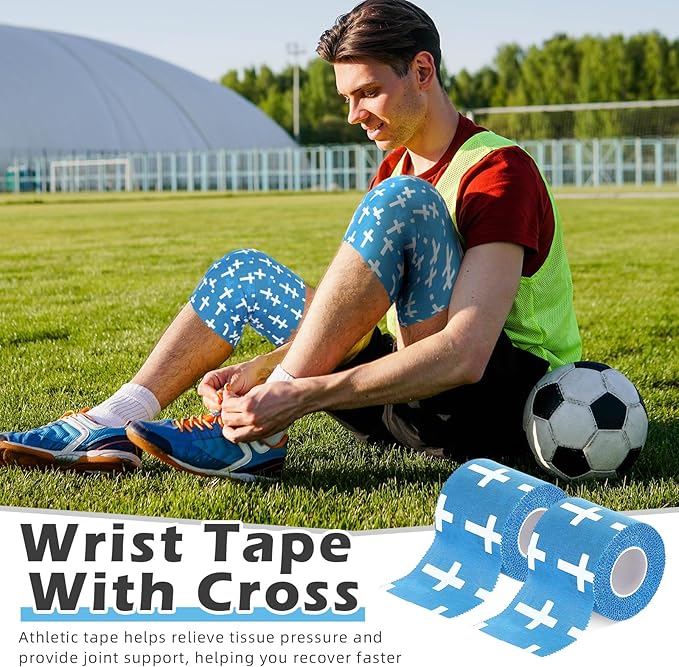 TrelaCo 2 Pcs Wrist Tape Baseball Cross Athletic 2in x 23ft Cotton Cross Wrist Tape Serrated Edges for Fingers Ankles Injury Wrap, Football Baseball Hockey Soccer (Blue)