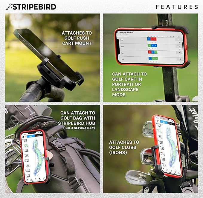 Stripebird - Magnetic Golf Cart Phone Holder - US Patented, Neodymium N52 Magnets - Golf Cart Phone Mount for iPhone & Samsung - Slim Golf Caddy Accessories for Men & Women