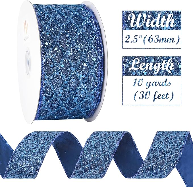 HUIHUANG Navy Blue Wired Ribbon 2.5 inch Glitter Diamond Mesh Wire Edge Ribbon - Image 3