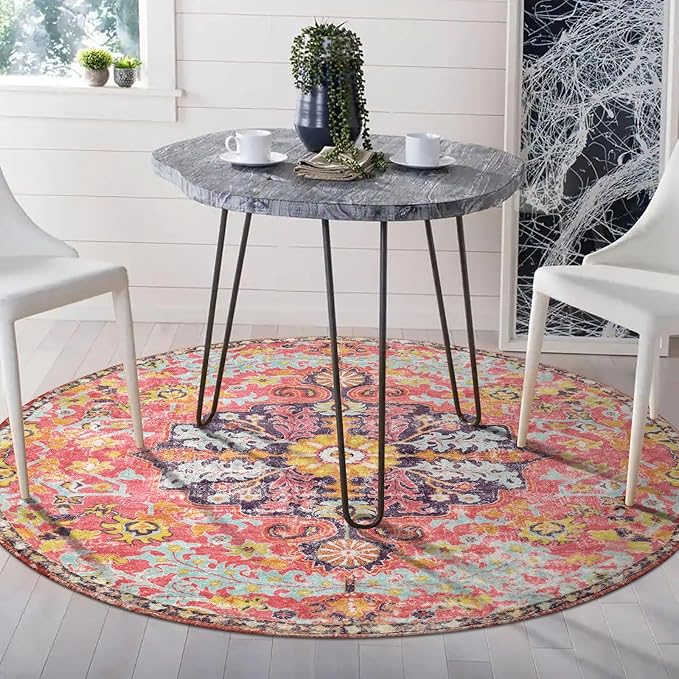 Lahome Bohemian Floral Medallion Round Rug - 4Ft Hot Pink Soft Round Area Rug - Image 9