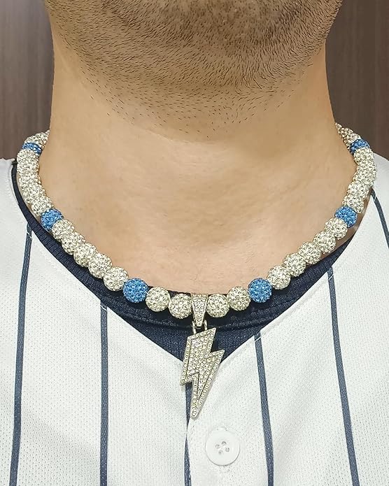 Baseball Necklace for Men 16/18/20 Inch Bling Ice Collection Lightning Bolt Pendant Necklace for Women Rhinestone Clay Beaded Discoball Accessories Gifts for Baseball Team Players Lovers