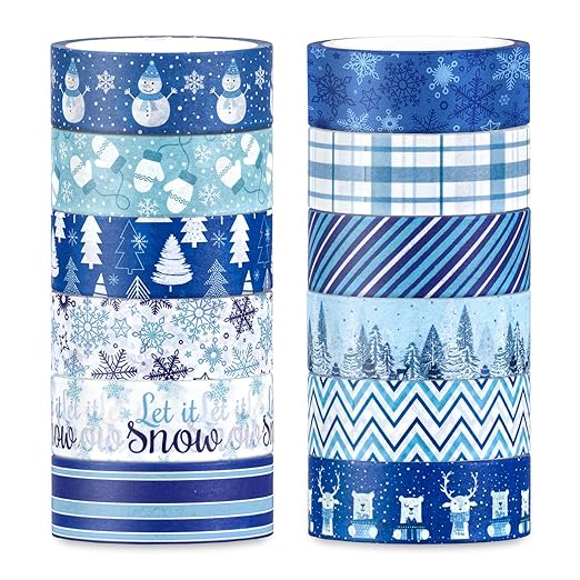 Whaline 12 Rolls Winter Washi Tape Blue White Snowflake Snowman Holiday Masking by Whaline