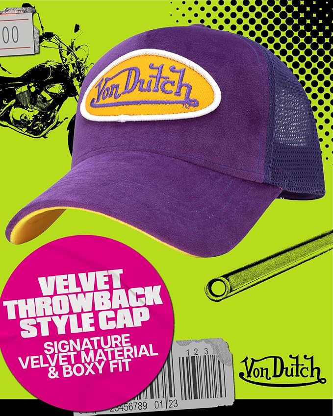 Von Dutch Unisex Trucker Hat - Velvet Curved Bill Mesh Back Retro Classic Adjustable Snapback Baseball Cap for Men and Women