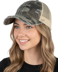 Funky Junque Trucker Hat for Women – Distressed Low Profile Western Camo Baseball Cap with Mesh, Trendy and Adjustable Fit
