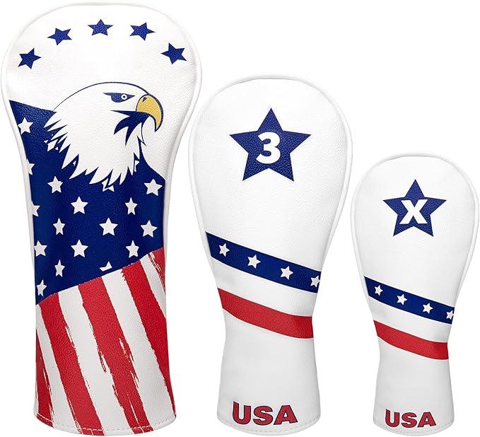 Fitense Golf Head Covers, 3 Pack Golf Club Head Covers USA Stars and Stripes, Velour Lined for Extra Club Protection, Designed to Fit All Woods and Drivers Velour Lined