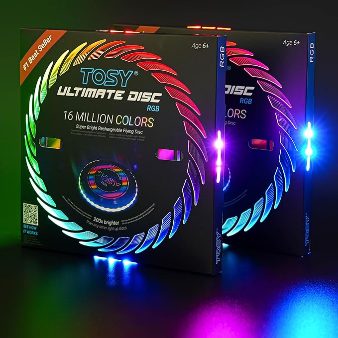 TOSY Flying Disc - 108 RGB Multicolor or 36 Monocolor LEDs, Super Bright, Smart Modes, Easter Basket Stuffers Gift, Camping Toy for Kid/Teen/Adult, Auto Light Up, Rechargeable, Waterproof, 175g